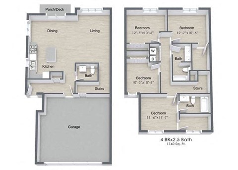 Floor plan for 4 beds, 2.5 baths, 1740 sqft